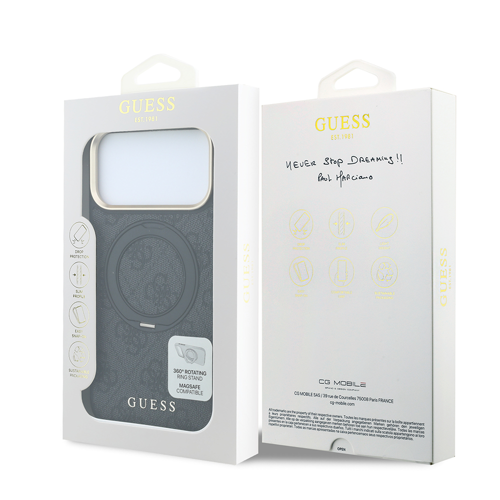 Apple iPhone 18 Pro Max Uyumlu Kılıf Guess Orjinal Lisanslı M-safe Şarj Özellikli 4G Desenli 360 Derece Dönebilen Standlı Metal Yazı Logolu Kapak - 7