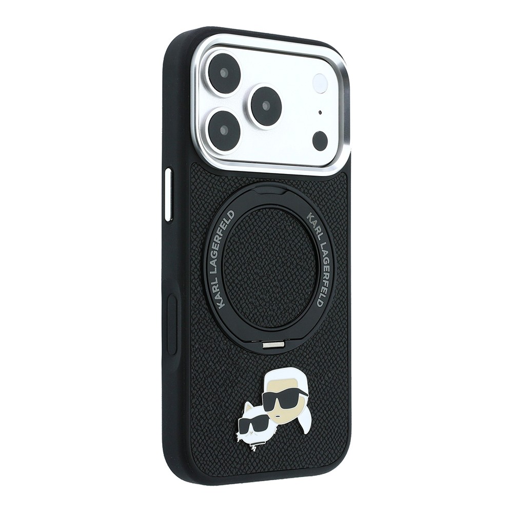 Apple iPhone 18 Pro Uyumlu Kılıf Karl Lagerfeld Orjinal Lisanslı M-Safe Şarj Özellikli K&C Heads Pin Metal Logolu PU 360 Derece Dönebilen Standlı Kapak - 3