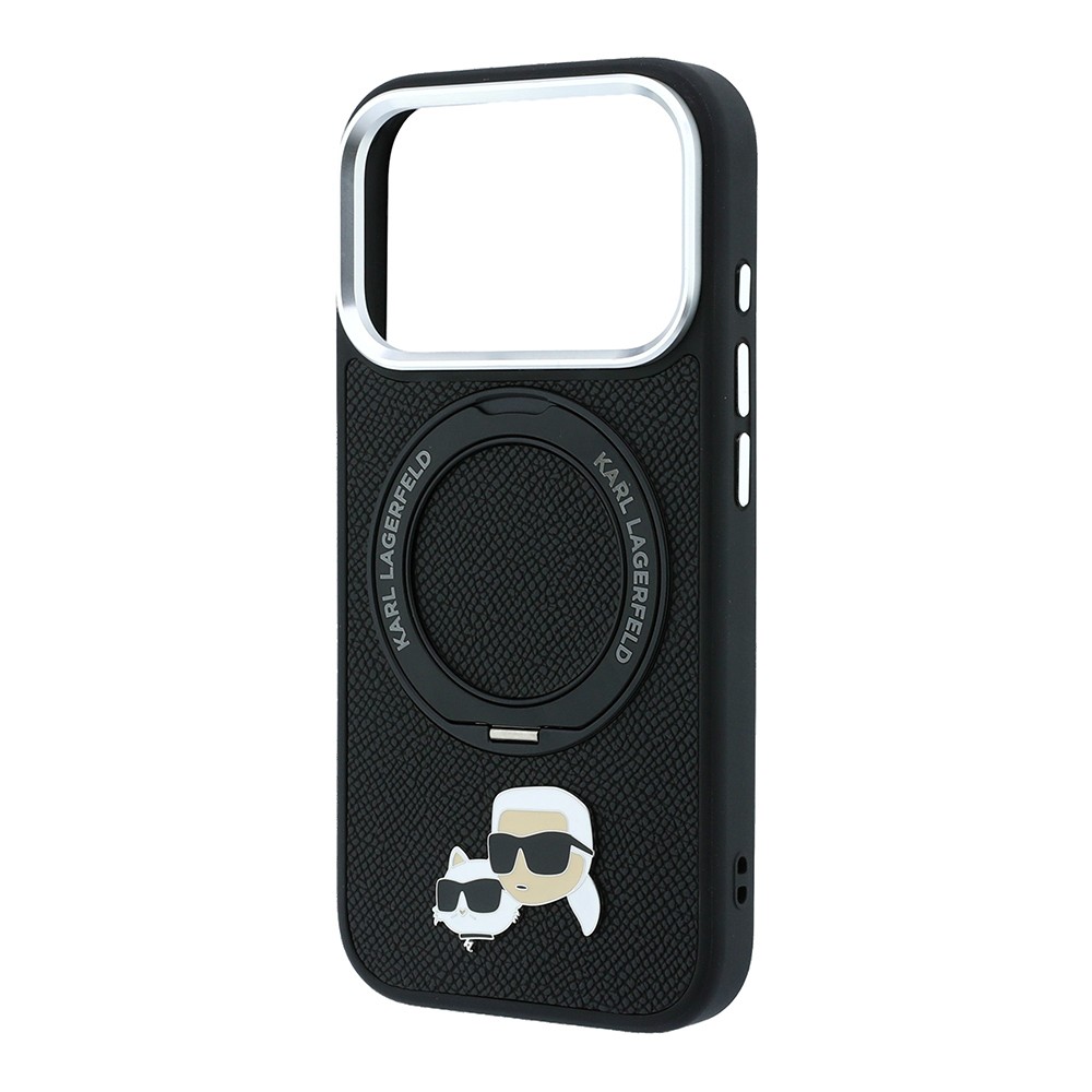 Apple iPhone 18 Pro Uyumlu Kılıf Karl Lagerfeld Orjinal Lisanslı M-Safe Şarj Özellikli K&C Heads Pin Metal Logolu PU 360 Derece Dönebilen Standlı Kapak - 5