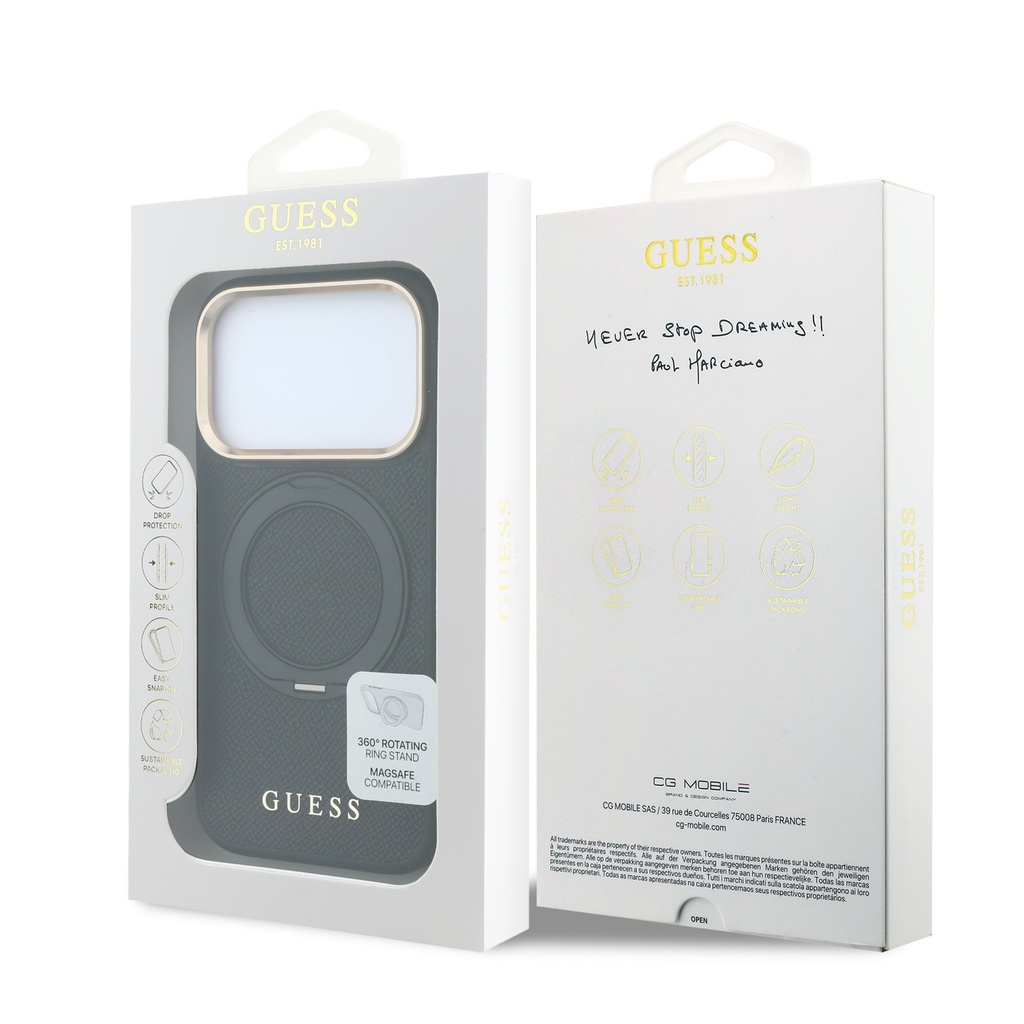 Apple iPhone 18 Pro Uyumlu Kılıf Guess Orjinal Lisanslı M-safe Şarj Özellikli 360 Derece Dönebilen Standlı PU Metal Yazı Logolu Kapak - 7