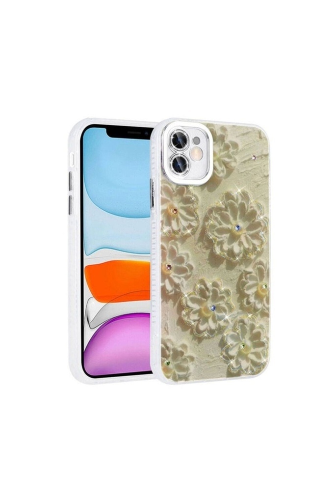 Apple iPhone 11 Uyumlu Kılıf Çiçek Desenli Parlak Taşlı Sert Silikon Zore Garden Kapak