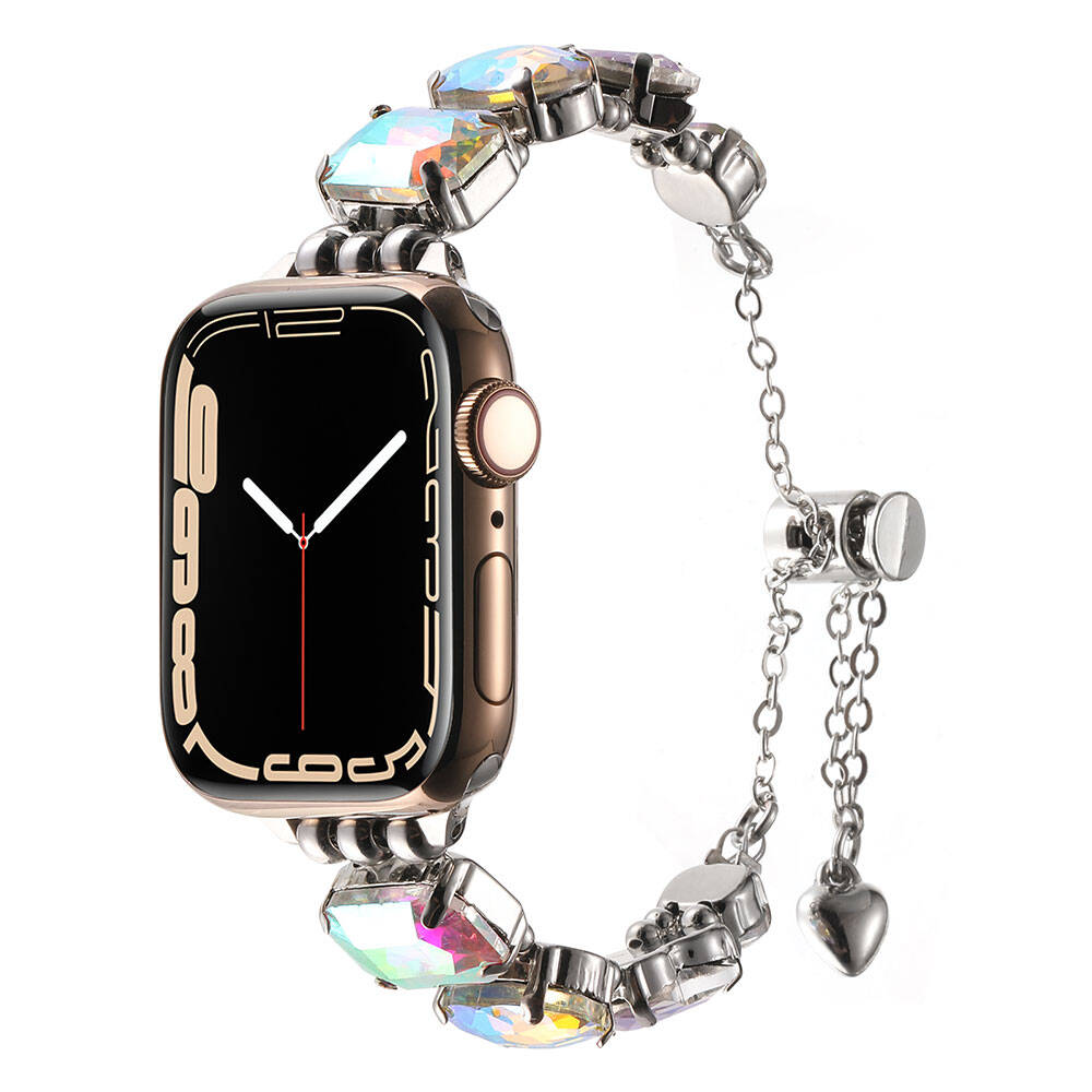 Apple Watch 44mm Uyumlu Kordon Metal Renkli Taşlı Bileklik Model Zore KRD-115 Kayış