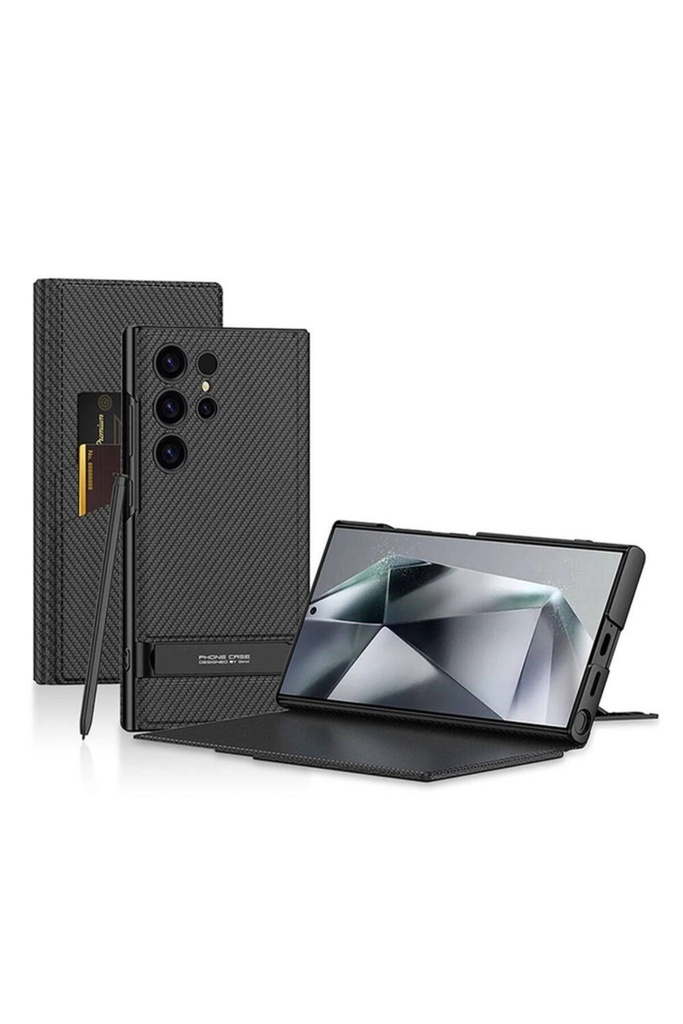 Samsung Galaxy S24 Ultra Uyumlu Kılıf Kamera Korumalı Karbon Tasarım Zore Droga Standlı Kartlıklı Kapaklı Kılıf