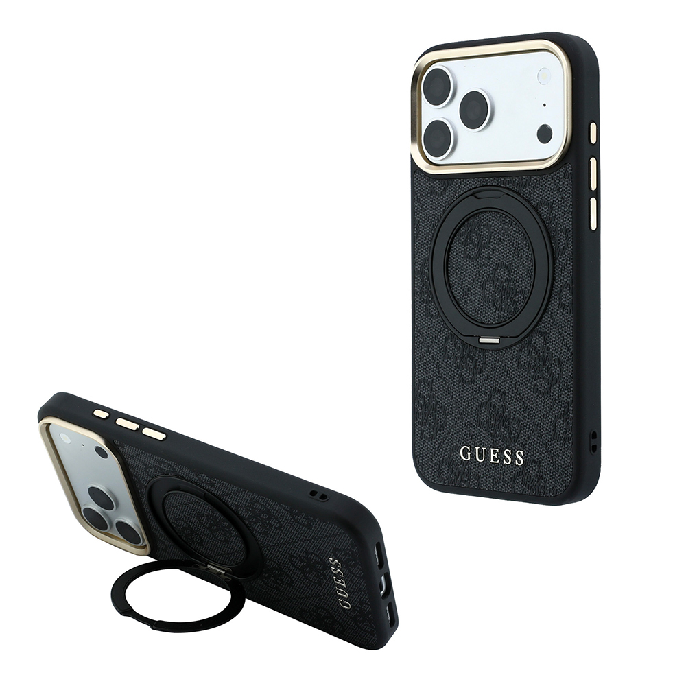 Apple iPhone 18 Pro Max Uyumlu Kılıf Guess Orjinal Lisanslı M-safe Şarj Özellikli 4G Desenli 360 Derece Dönebilen Standlı Metal Yazı Logolu Kapak